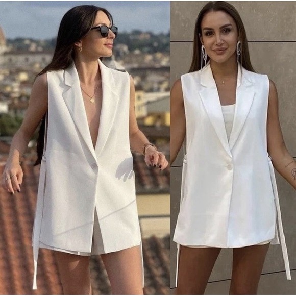 Zara Jackets & Blazers - ZARA Sleeveless Blazer Vest Women's S Longline Open Side Tie White Quiet Luxury